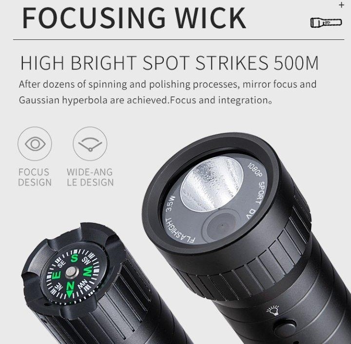 lommelykt med full hd kamera spion + led belysning