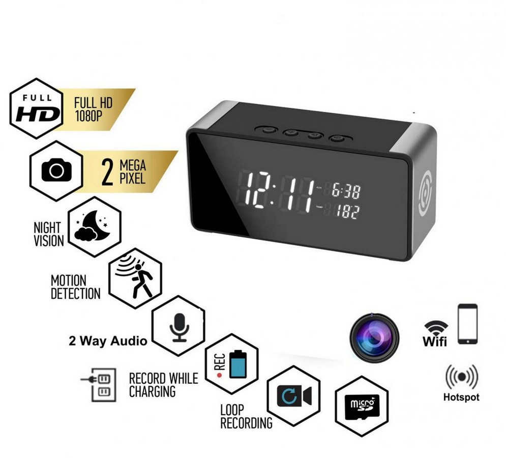wifi kamera i vekkerklokke + bluetooth høyttaler